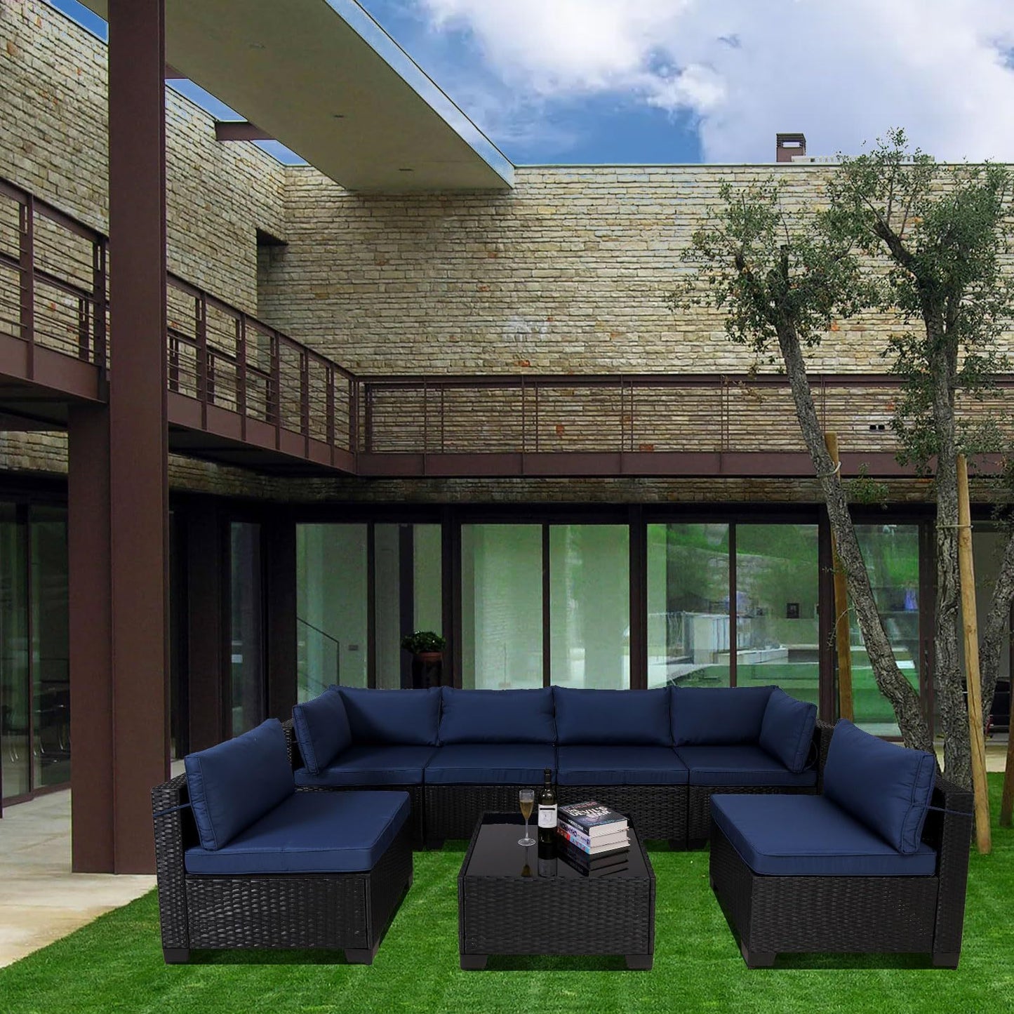 7-Piece Outdoor Rattan Patio Set – Wicker Sectional with Washable Cushions & Glass Table