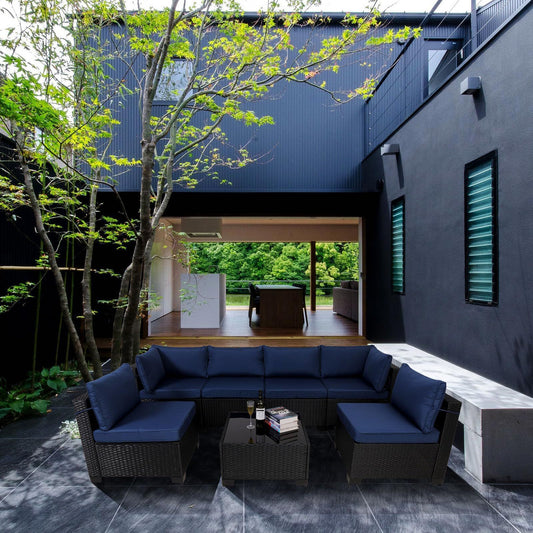 7-Piece Outdoor Rattan Patio Set – Wicker Sectional with Washable Cushions & Glass Table