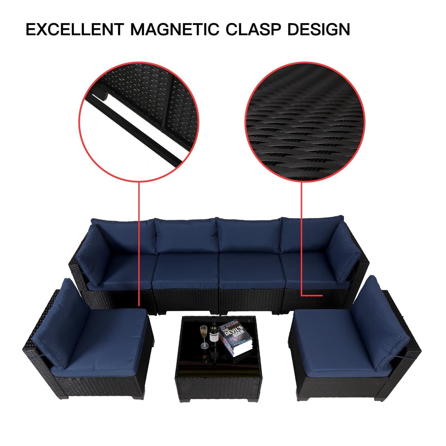 7-Piece Outdoor Rattan Patio Set – Wicker Sectional with Washable Cushions & Glass Table