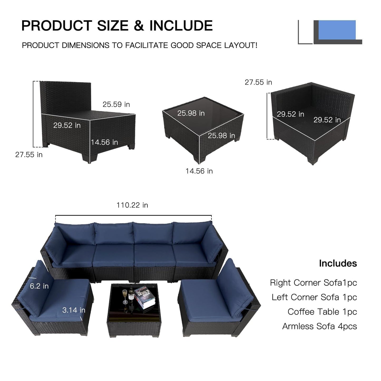 7-Piece Outdoor Rattan Patio Set – Wicker Sectional with Washable Cushions & Glass Table