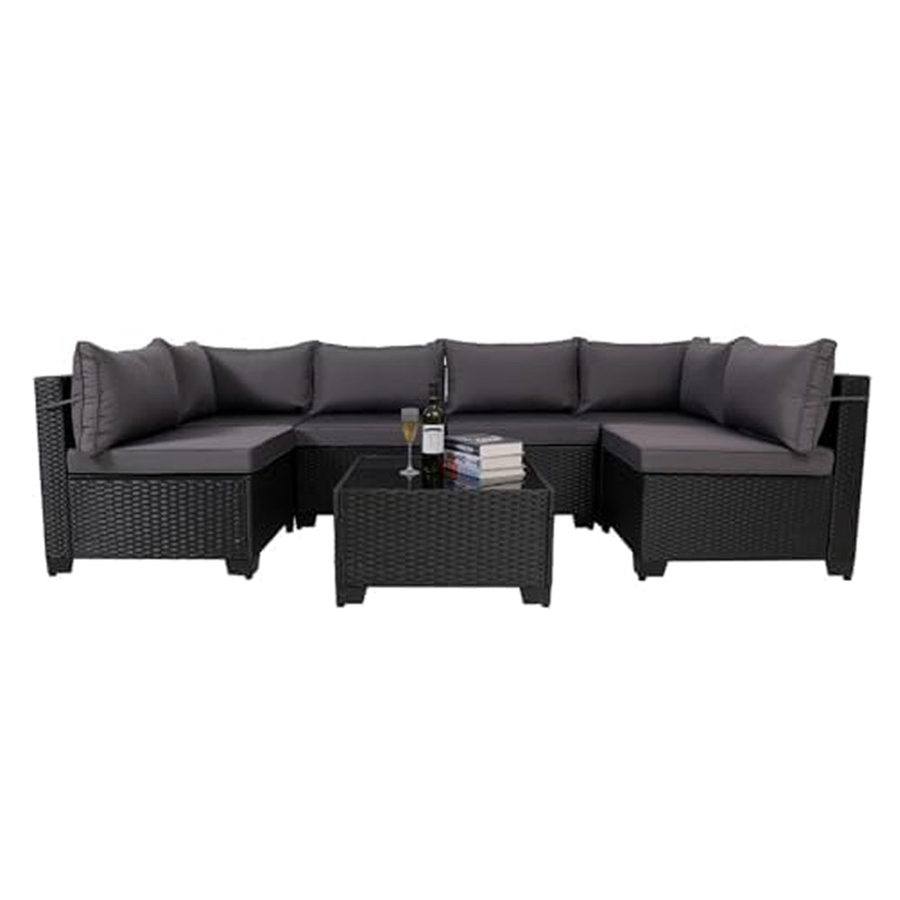 7-Piece Outdoor Rattan Patio Set – Wicker Sectional with Washable Cushions & Glass Table