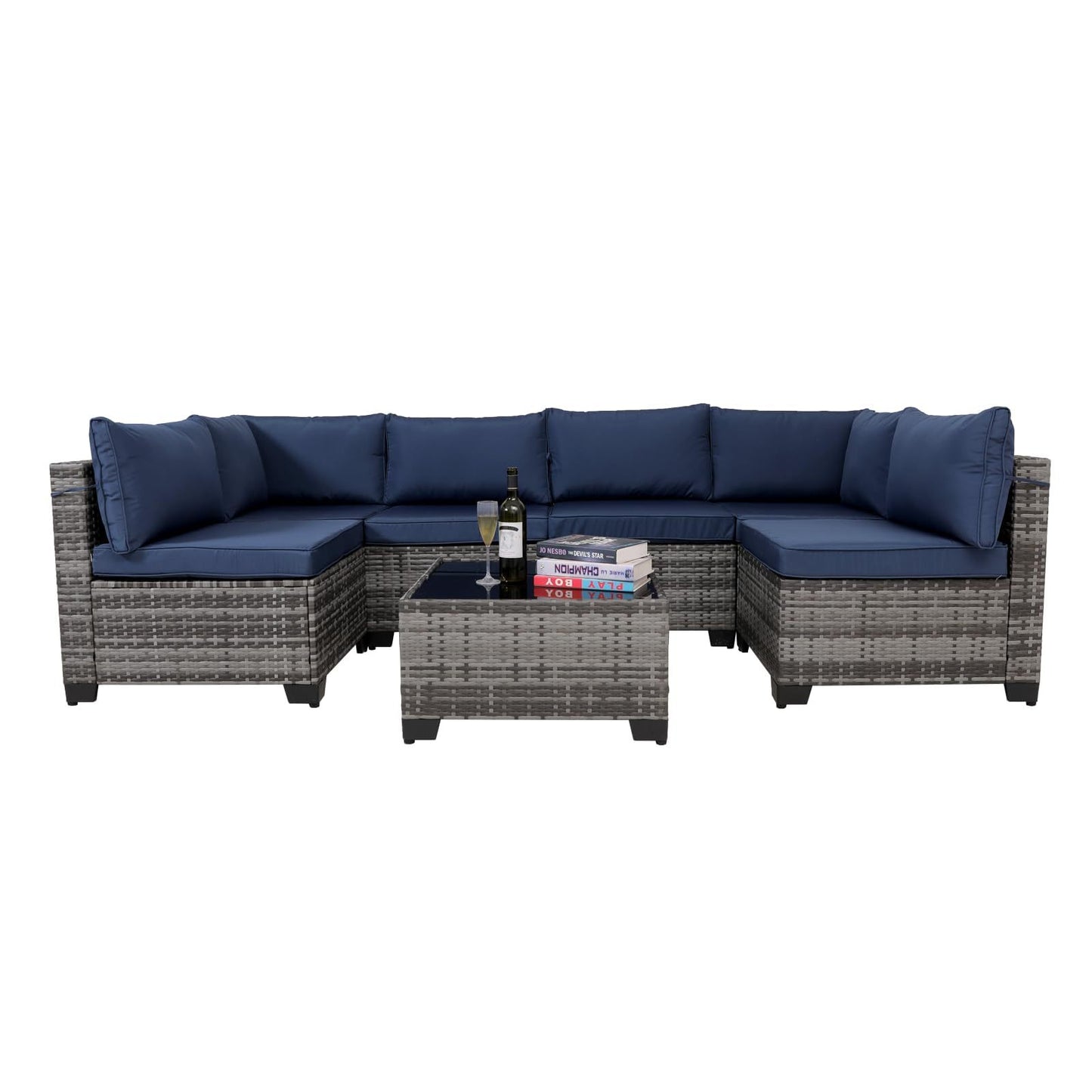7-Piece Outdoor Rattan Patio Set – Wicker Sectional with Washable Cushions & Glass Table