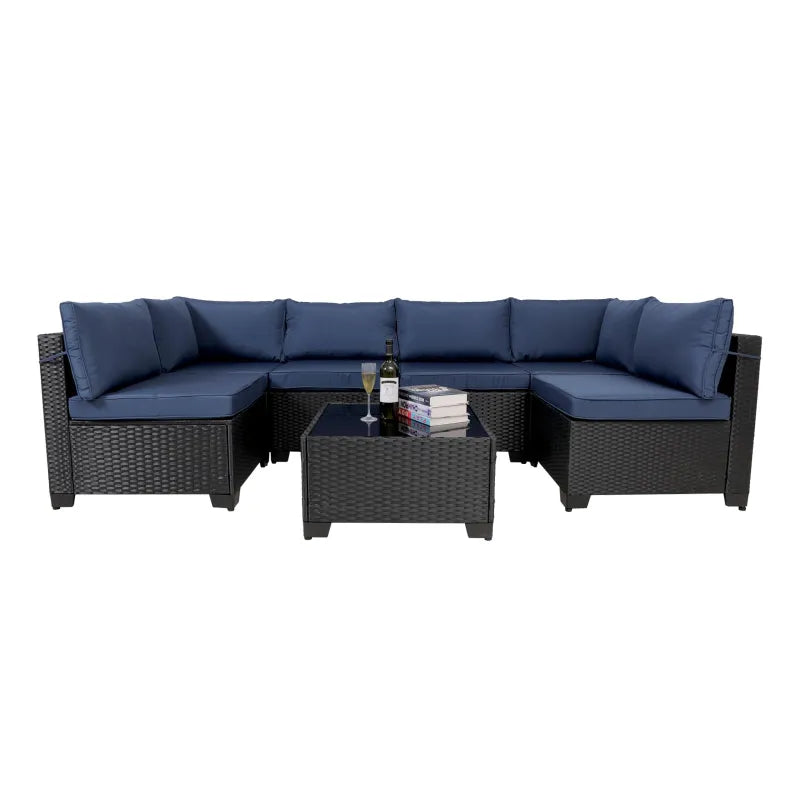 7-Piece Outdoor Rattan Patio Set – Wicker Sectional with Washable Cushions & Glass Table