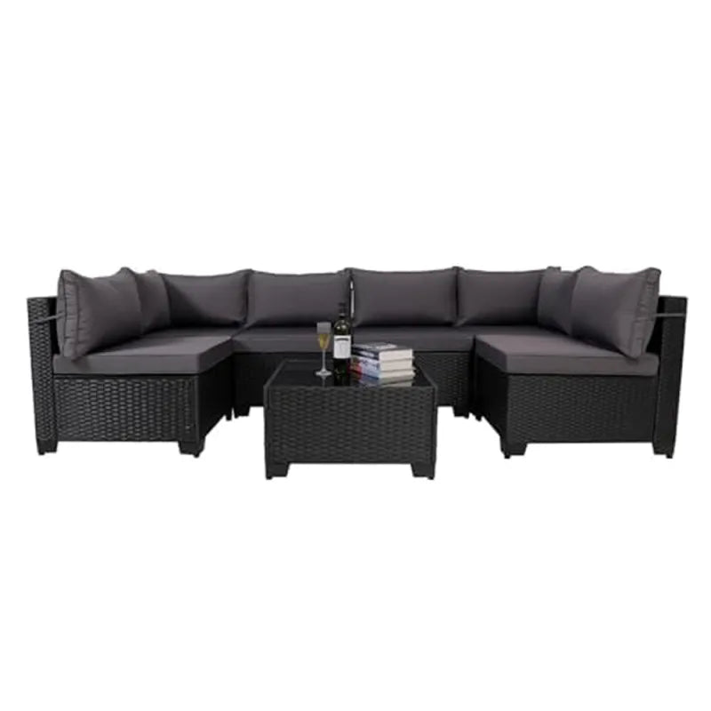 7-Piece Outdoor Rattan Patio Set – Wicker Sectional with Washable Cushions & Glass Table