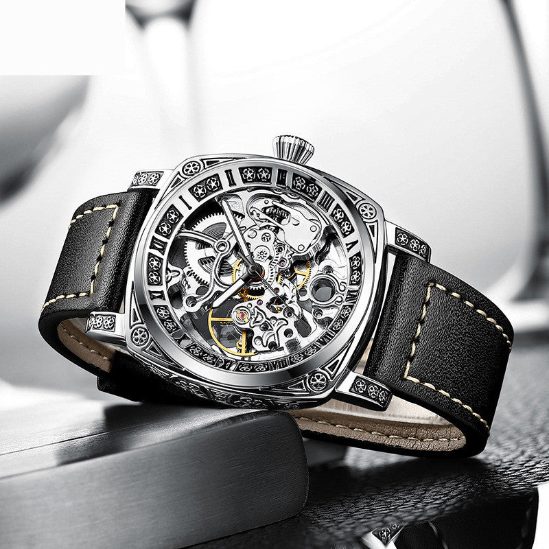 Skeleton Mechanical Men's Watch – Luxury Leather Strap, 30M Waterproof