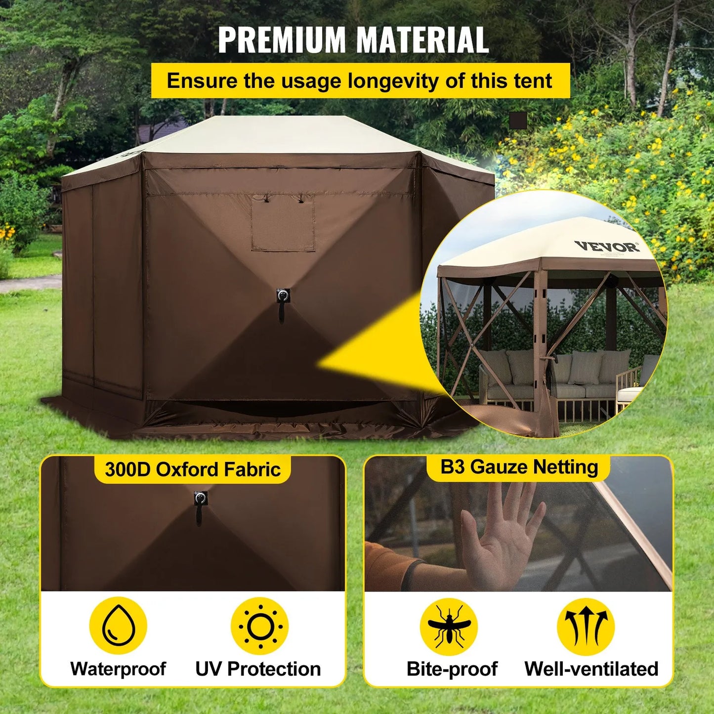 6-Sided Pop-Up Camping Gazebo – Screen Tent for 8, 300D Waterproof, Easy Setup