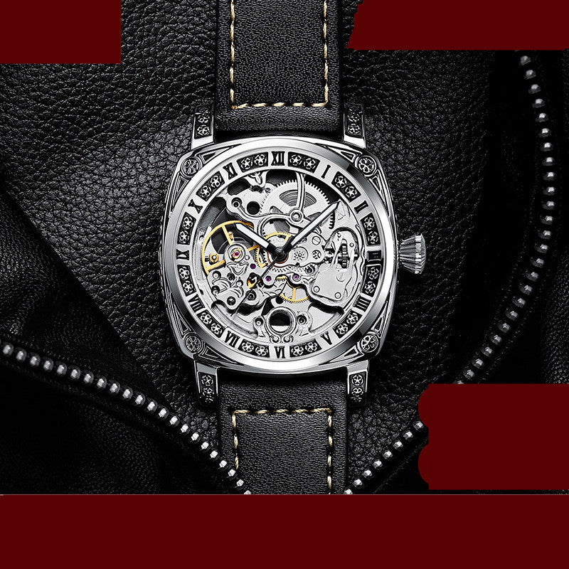 Skeleton Mechanical Men's Watch – Luxury Leather Strap, 30M Waterproof