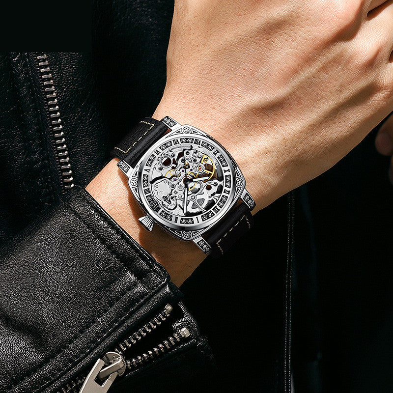 Skeleton Mechanical Men's Watch – Luxury Leather Strap, 30M Waterproof