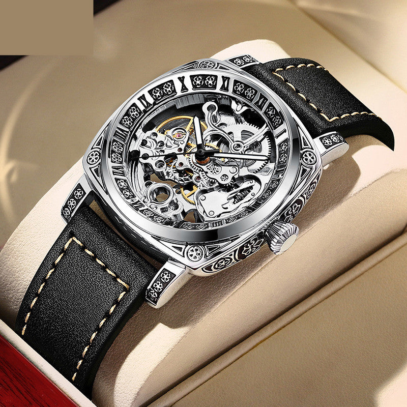 Skeleton Mechanical Men's Watch – Luxury Leather Strap, 30M Waterproof