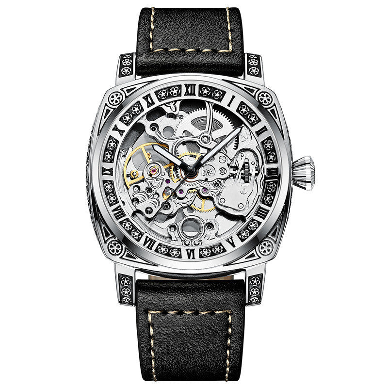 Skeleton Mechanical Men's Watch – Luxury Leather Strap, 30M Waterproof