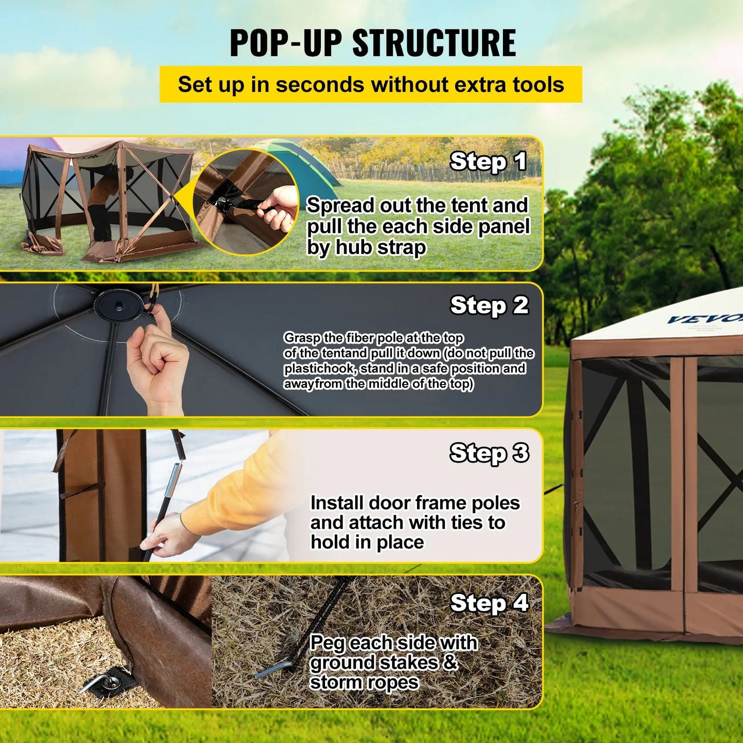 6-Sided Pop-Up Camping Gazebo – Screen Tent for 8, 300D Waterproof, Easy Setup