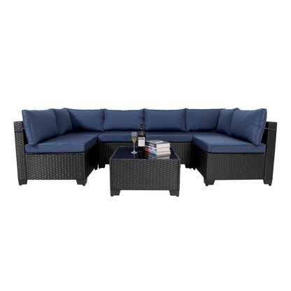 7-Piece Outdoor Rattan Patio Set – Wicker Sectional with Washable Cushions & Glass Table