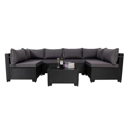 7-Piece Outdoor Rattan Patio Set – Wicker Sectional with Washable Cushions & Glass Table