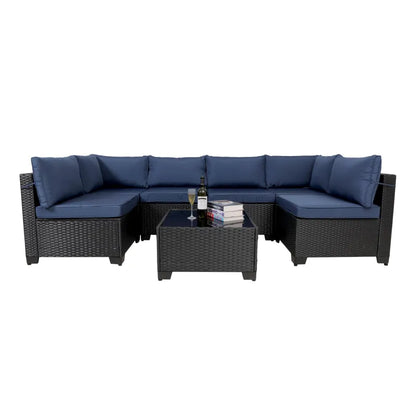 7-Piece Outdoor Rattan Patio Set – Wicker Sectional with Washable Cushions & Glass Table