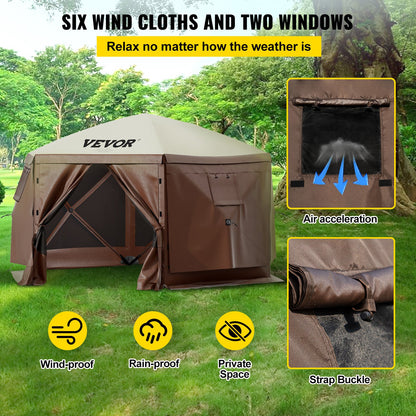 6-Sided Pop-Up Camping Gazebo – Screen Tent for 8, 300D Waterproof, Easy Setup