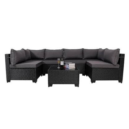 7-Piece Outdoor Rattan Patio Set – Wicker Sectional with Washable Cushions & Glass Table
