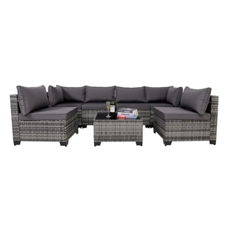 7-Piece Outdoor Rattan Patio Set – Wicker Sectional with Washable Cushions & Glass Table