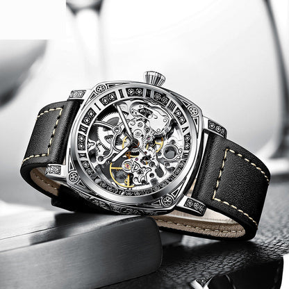 Skeleton Mechanical Men's Watch – Luxury Leather Strap, 30M Waterproof