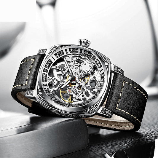 Skeleton Mechanical Men's Watch – Luxury Leather Strap, 30M Waterproof
