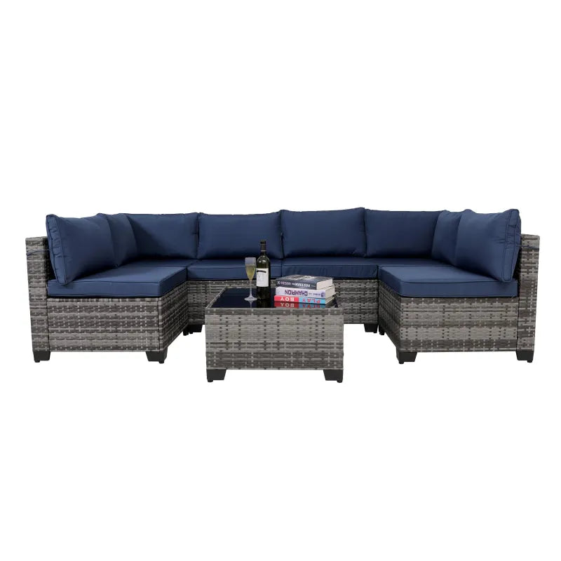 7-Piece Outdoor Rattan Patio Set – Wicker Sectional with Washable Cushions & Glass Table