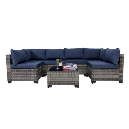 7-Piece Outdoor Rattan Patio Set – Wicker Sectional with Washable Cushions & Glass Table