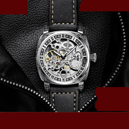 Skeleton Mechanical Men's Watch – Luxury Leather Strap, 30M Waterproof
