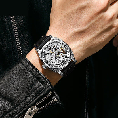Skeleton Mechanical Men's Watch – Luxury Leather Strap, 30M Waterproof